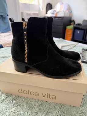 Black Suede Ankle Booties with Gold Side Zip